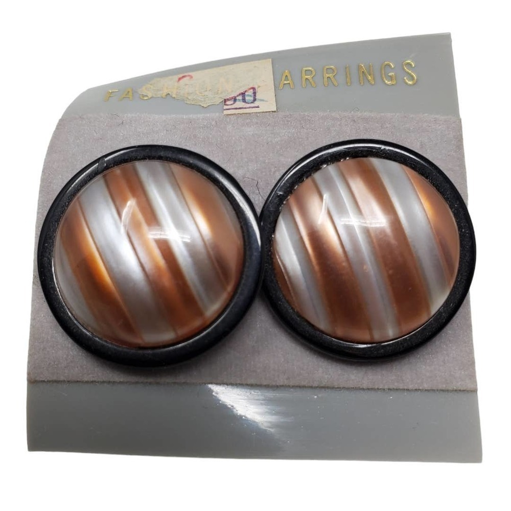 Vintage Round Art Deco Striped Pierced Fashion Earrings 80's Vibe